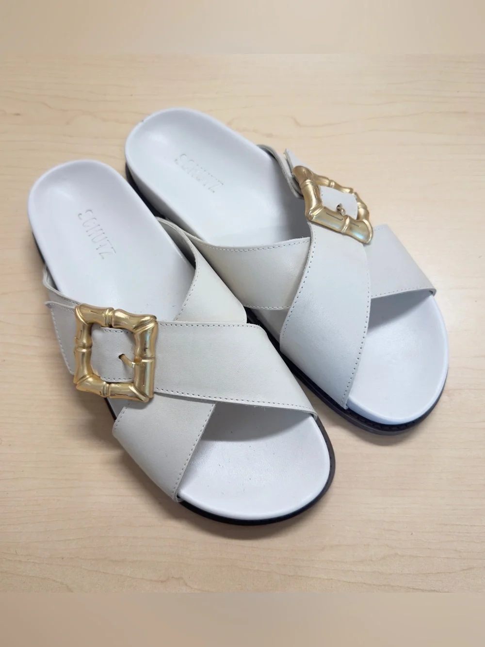 SCHUTZ Enola Leather Crossband Gold Buckle Slide Sandals Pearl White 8.5